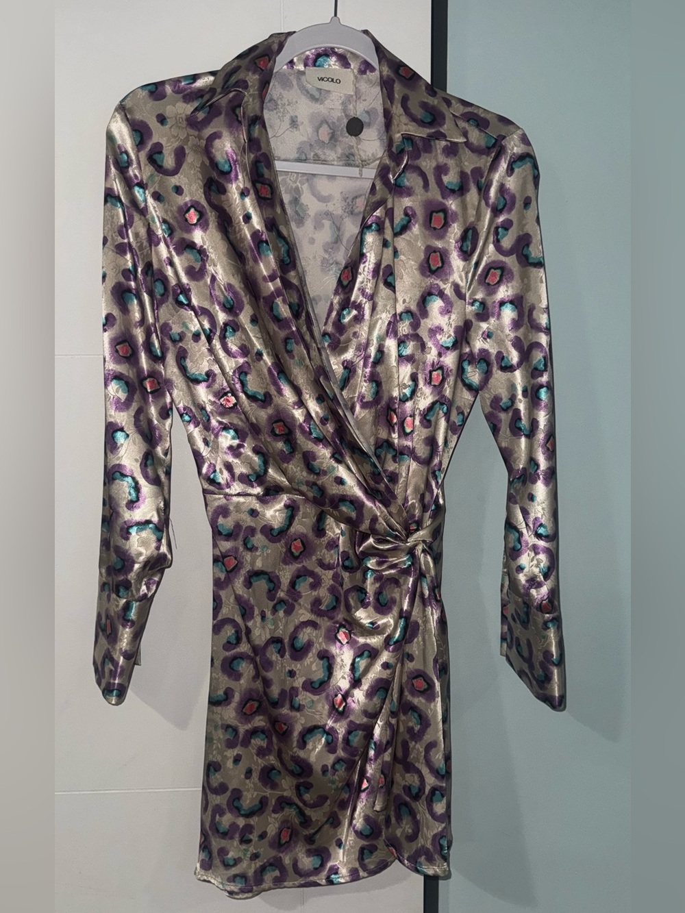 Vicolo. KOCHE Metallic Leopard Wrap Dress - Gold with Purple & Teal Accents